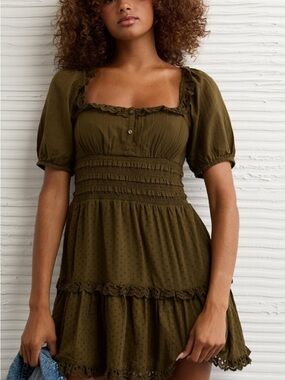American Eagle Outfitters Olive Lace-Trim Puff Sleeve Smocked Mini Dress